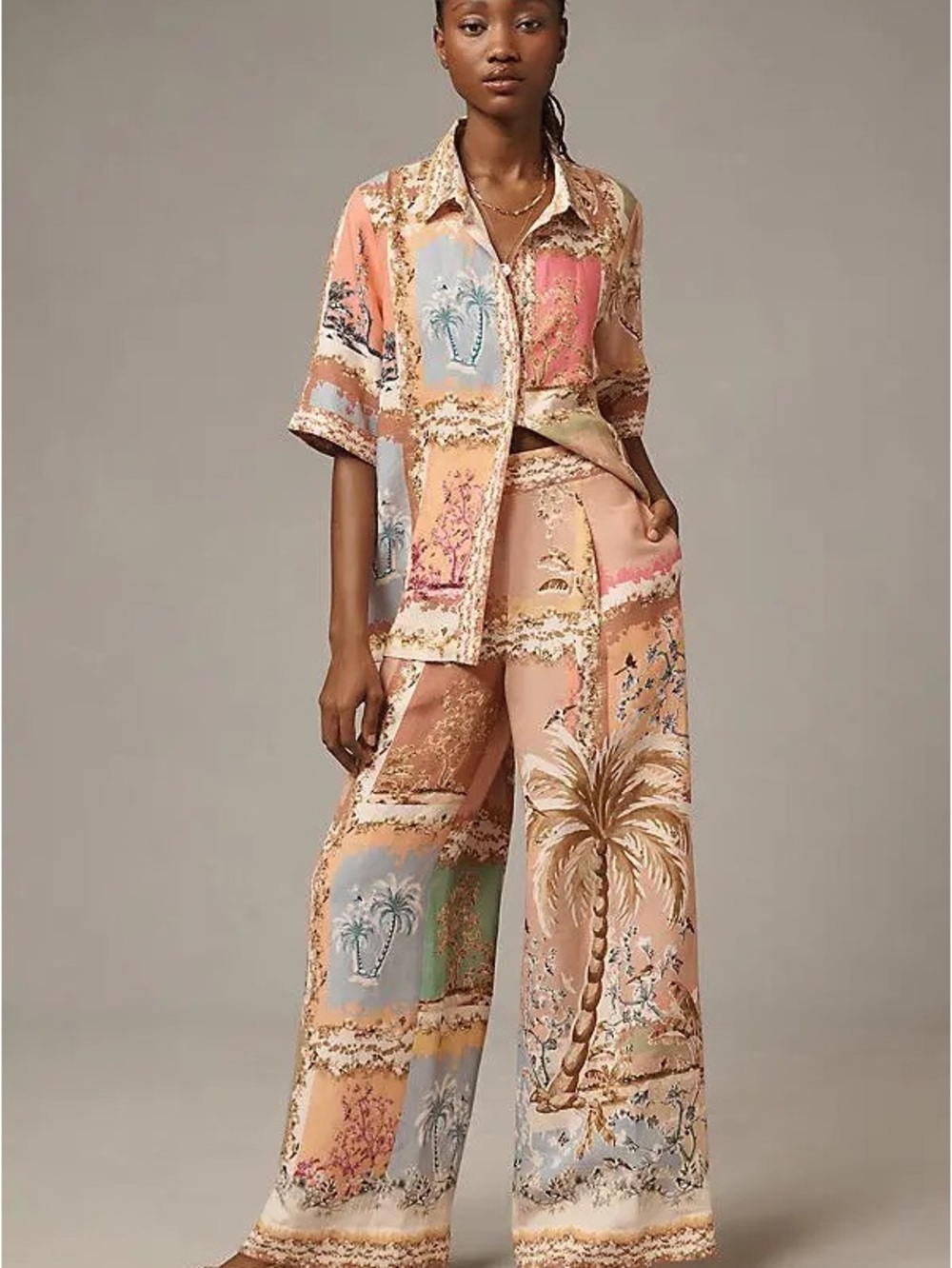 Ranna Gill x Anthropologie Linen Printed Palm Pants Set, vacation, tropical, XL
